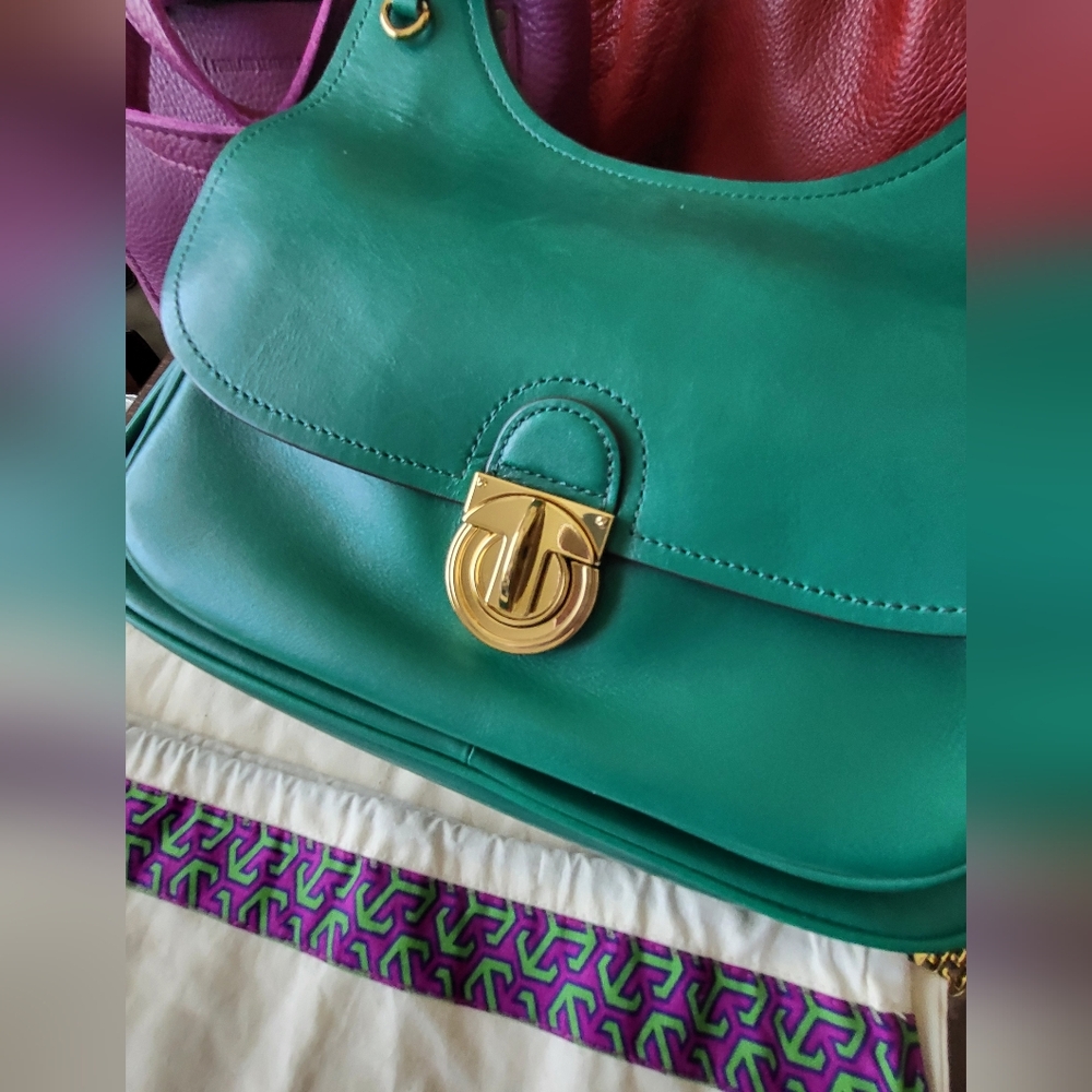 Tory Burch James Saddle Bag In Green Leather Vintage Heritage Saddalrina - Picture 2 of 11